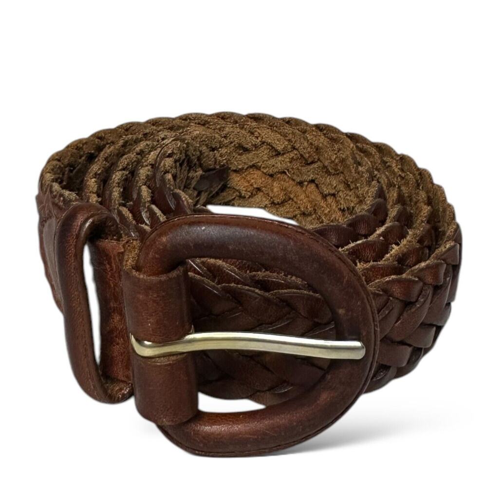 Vintage Braided Leather Belt Brown Leather Buckle Oil Tanned Cowhide Mens 38-95